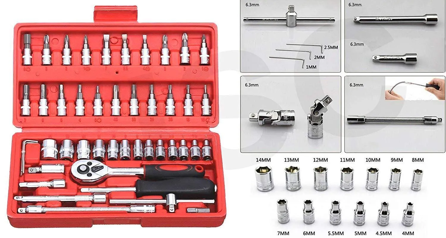 0422 Socket 1 / 4 Inch Combination Repair Tool Kit (Red, 46 pcs)