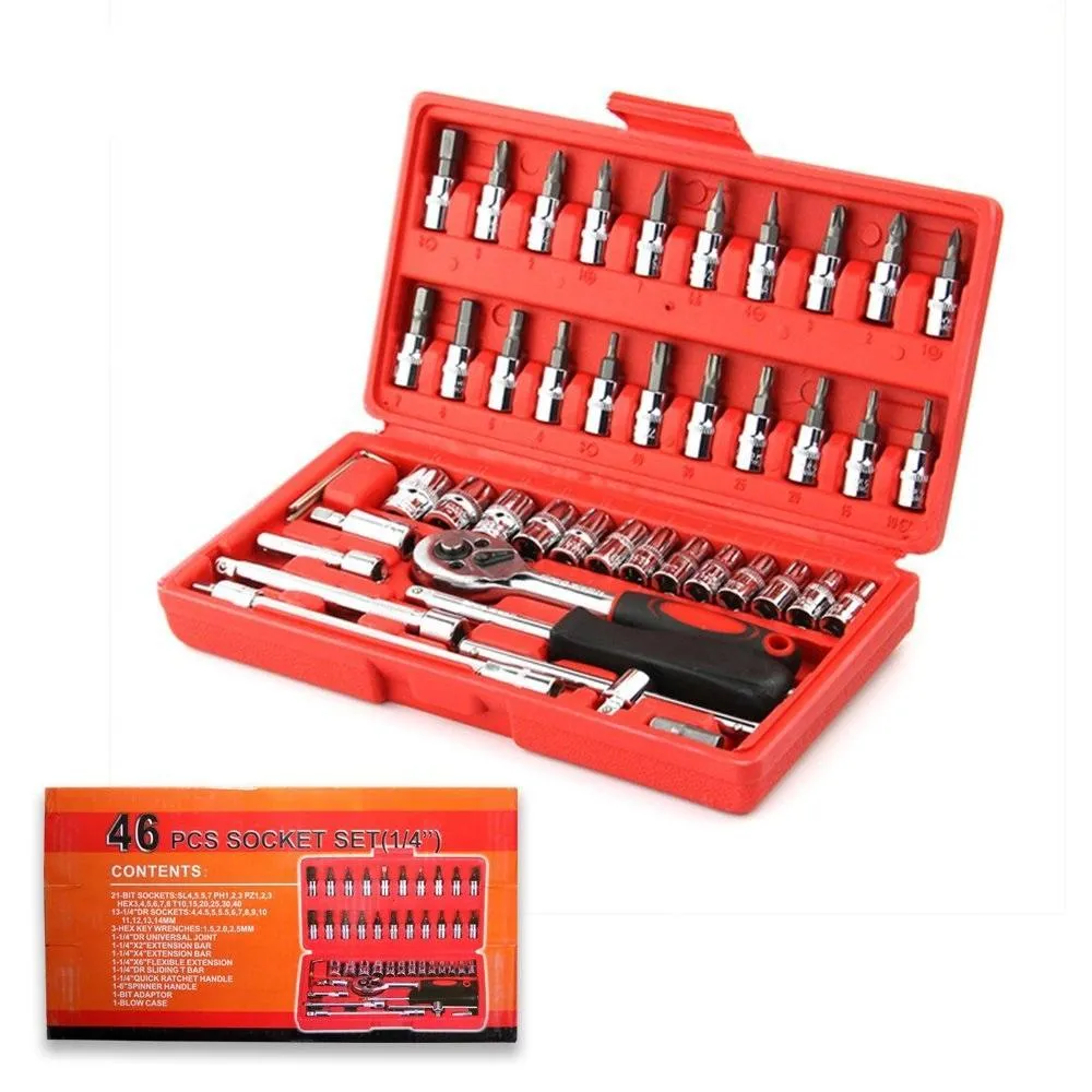 0422 Socket 1 / 4 Inch Combination Repair Tool Kit (Red, 46 pcs)