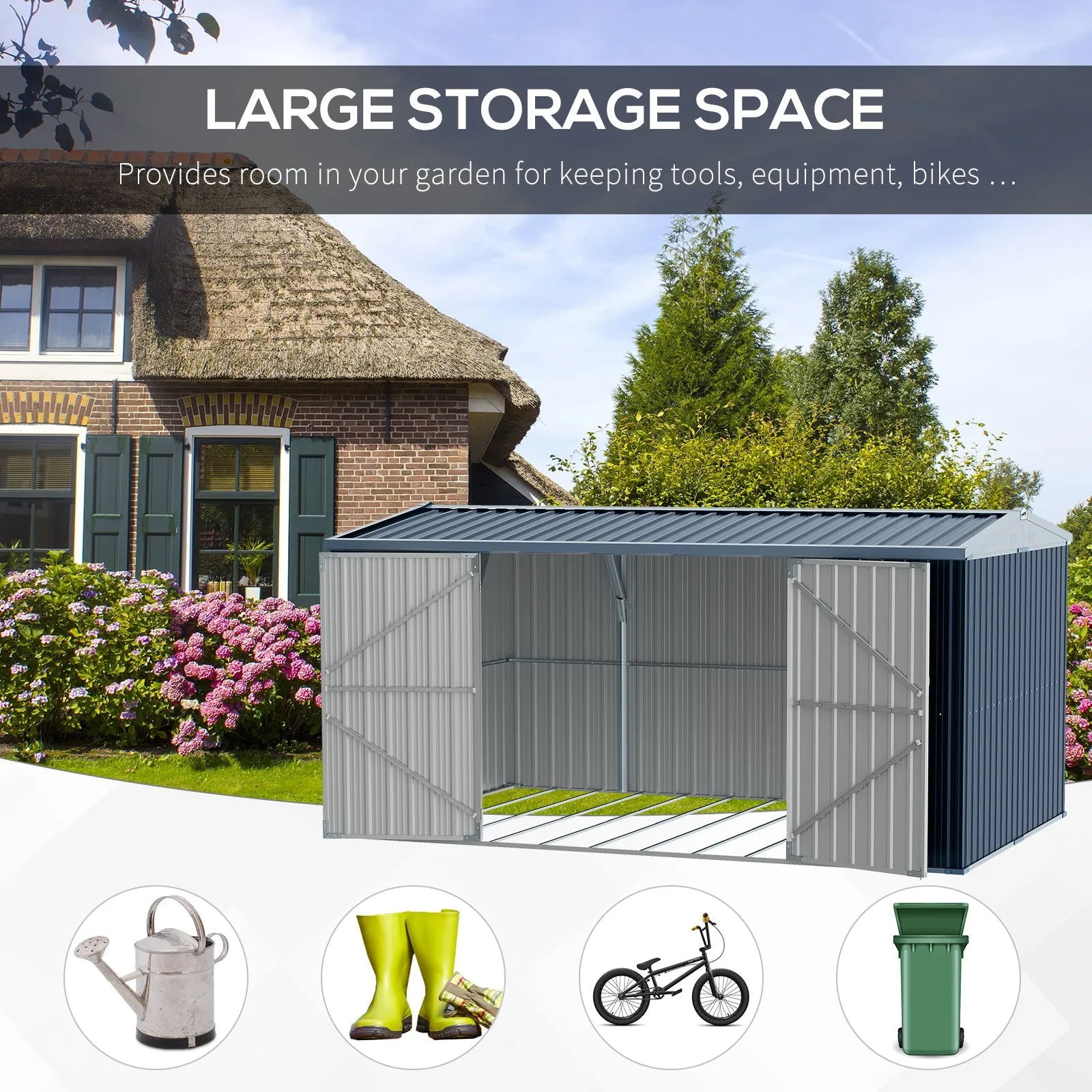 14 x 9ft Outdoor Metal Garden Storage Shed with Lockable Door, Tool Storage Box for Backyard, Patio and Lawn, Grey