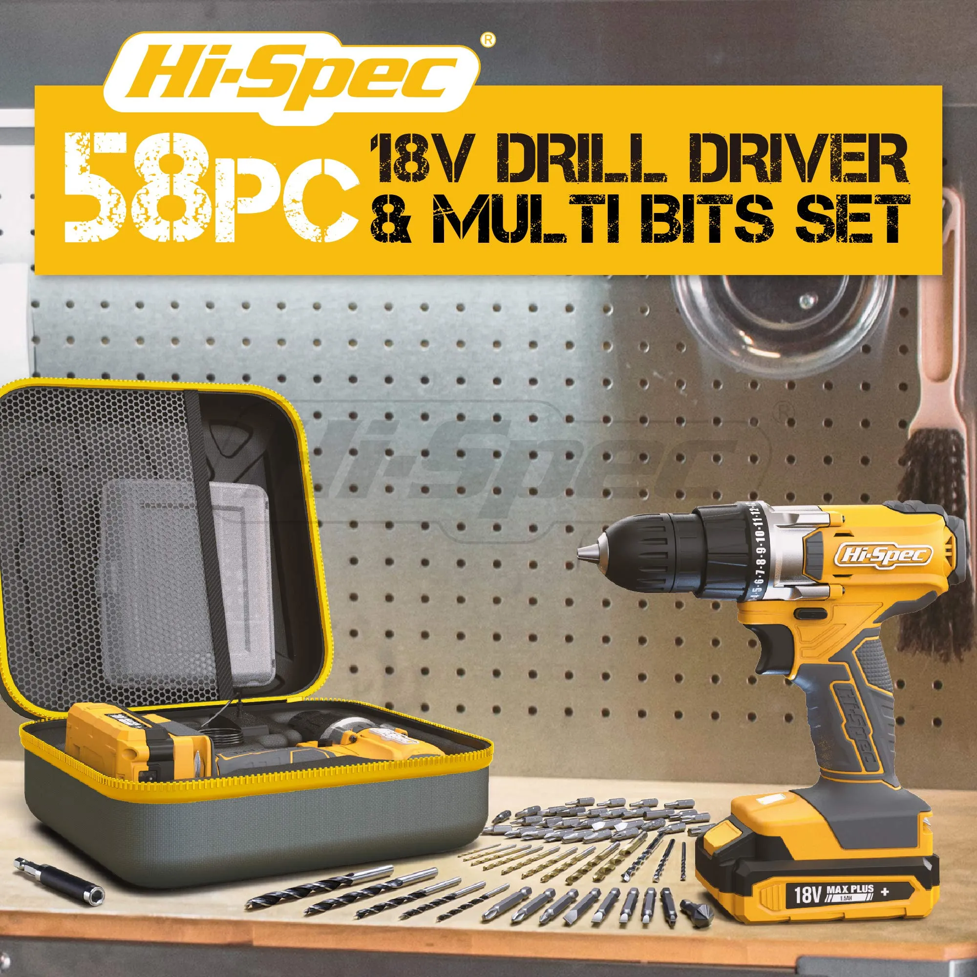 58pc 18V Yellow Cordless Power Drill Driver and Drill Bit Set. All in a Portable and Compact Zipper Case