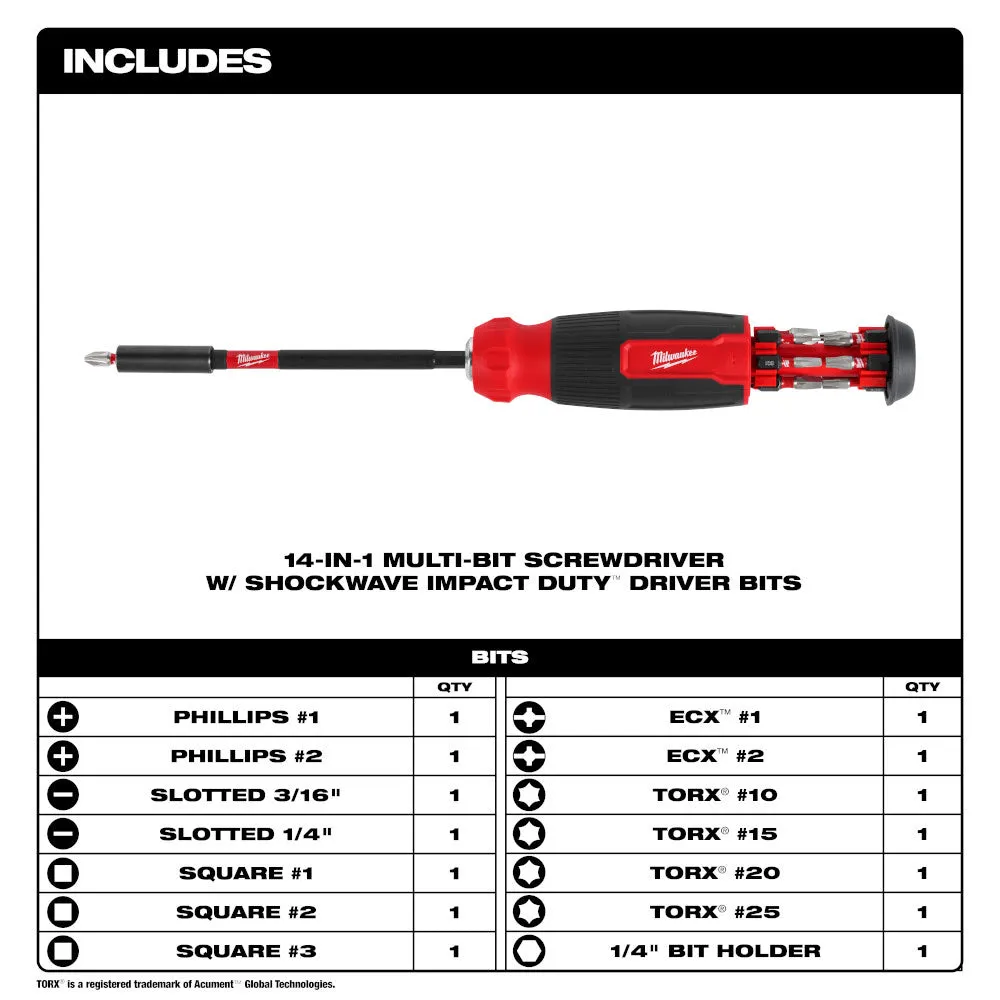 Milwaukee 48-22-2915 14-in-1 Multi-Bit Screwdriver W/ SHOCKWAVE Impact Duty Bits