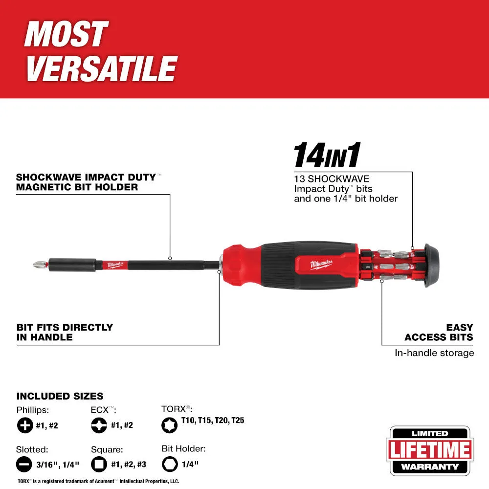 Milwaukee 48-22-2915 14-in-1 Multi-Bit Screwdriver W/ SHOCKWAVE Impact Duty Bits