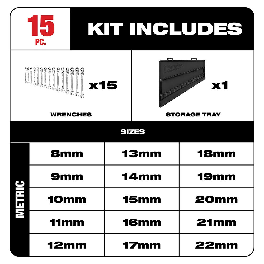 Milwaukee Metric Flex Head Ratcheting Combination Wrench Set 15Pc